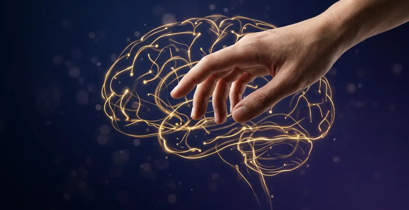 Main flottante au-dessus d'un écran invisible avec des motifs abstraits de connexions neuronales suggérant l'influence psychologique sur les décisions numériques
