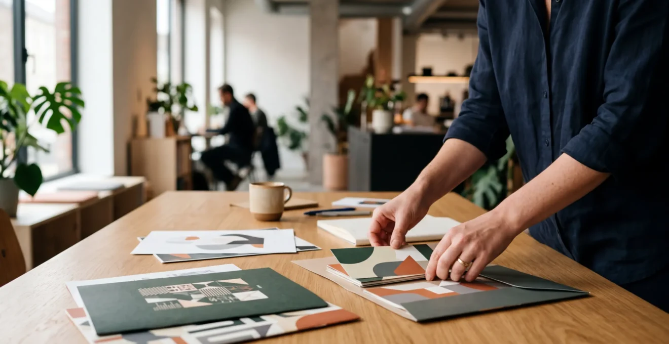 Un photographe examine minutieusement des tirages photos sur un bureau moderne avec un éclairage naturel doux