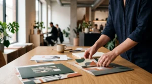 Un photographe examine minutieusement des tirages photos sur un bureau moderne avec un éclairage naturel doux