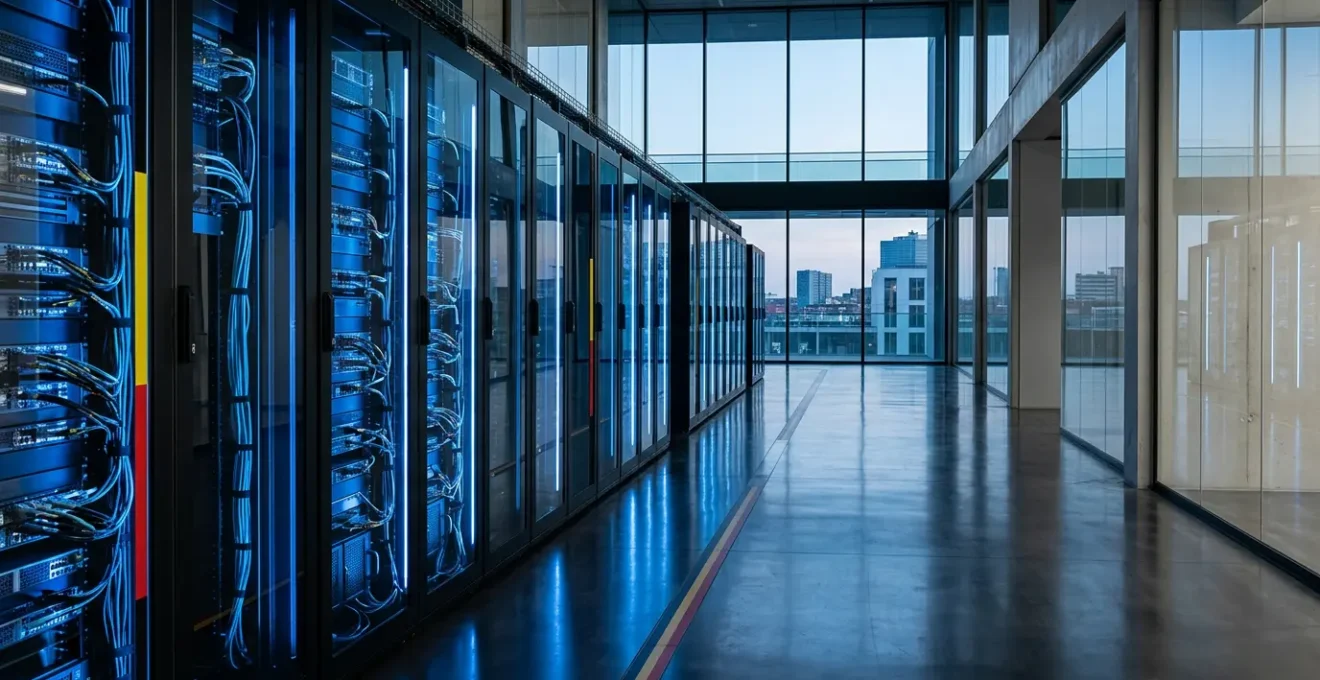 Vue d'un data center moderne en Belgique avec serveurs sécurisés et indicateurs de conformité RGPD