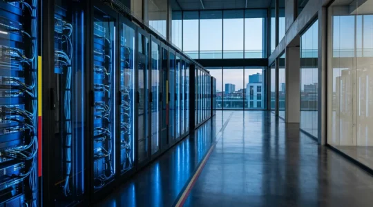 Vue d'un data center moderne en Belgique avec serveurs sécurisés et indicateurs de conformité RGPD