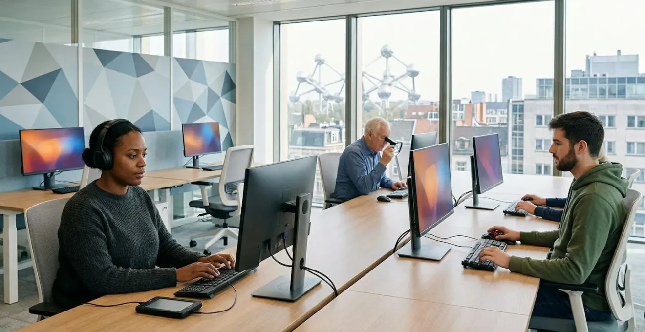 Utilisateur en fauteuil roulant naviguant sur un site web avec navigation au clavier dans un bureau moderne belge