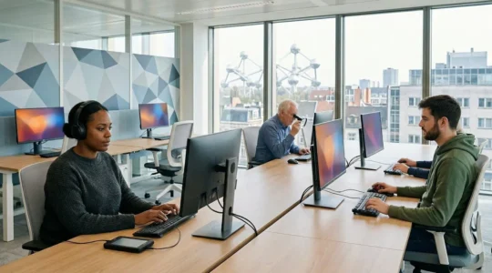 Utilisateur en fauteuil roulant naviguant sur un site web avec navigation au clavier dans un bureau moderne belge