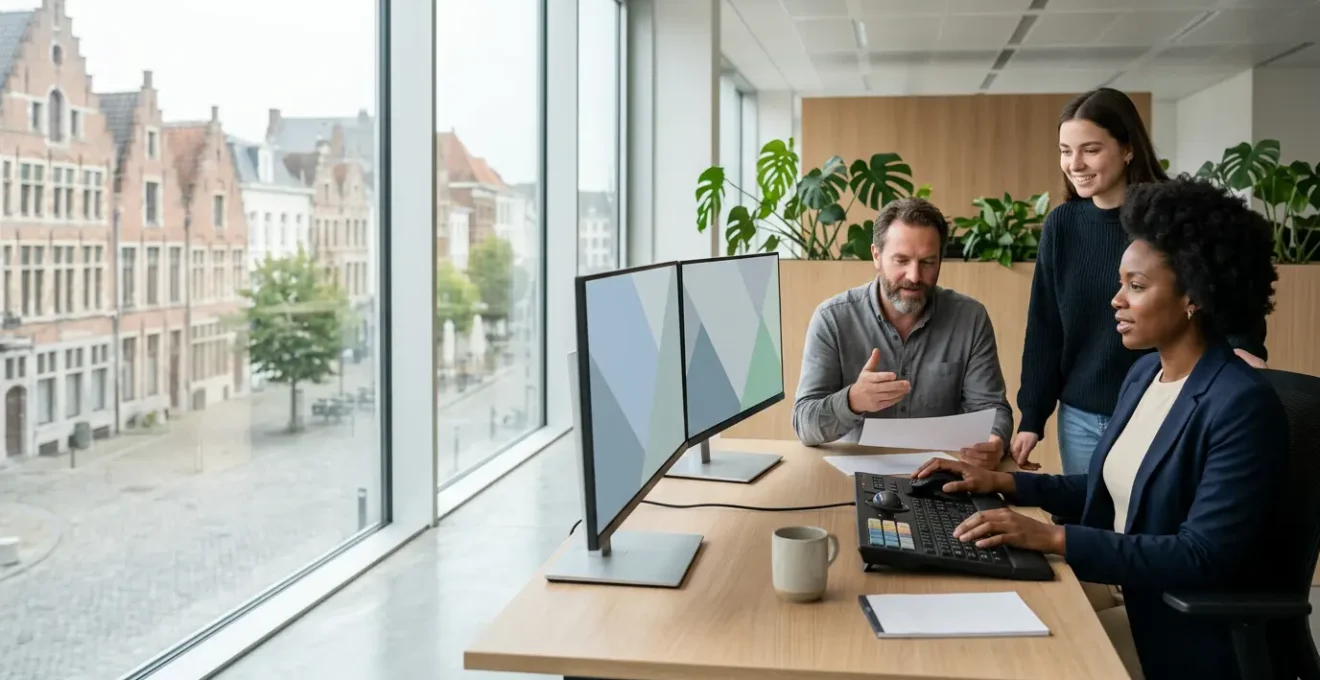 Bureau moderne avec écran d'ordinateur montrant des interfaces adaptées, personne en fauteuil roulant travaillant confortablement