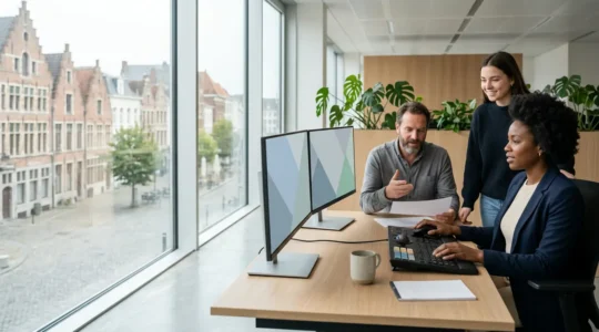 Bureau moderne avec écran d'ordinateur montrant des interfaces adaptées, personne en fauteuil roulant travaillant confortablement