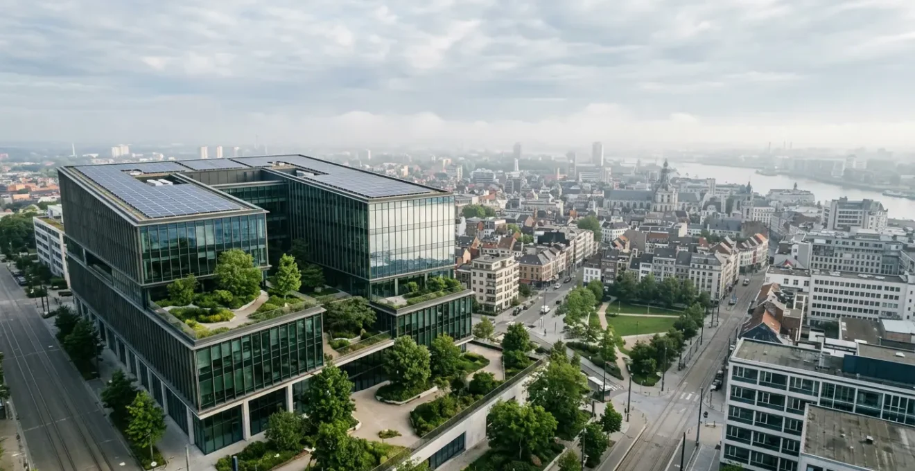 Vue aérienne d'un bureau moderne avec panneaux solaires sur le toit et jardins verts, symbolisant la durabilité numérique