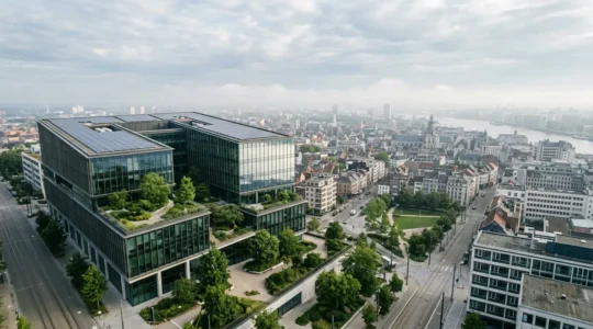 Vue aérienne d'un bureau moderne avec panneaux solaires sur le toit et jardins verts, symbolisant la durabilité numérique