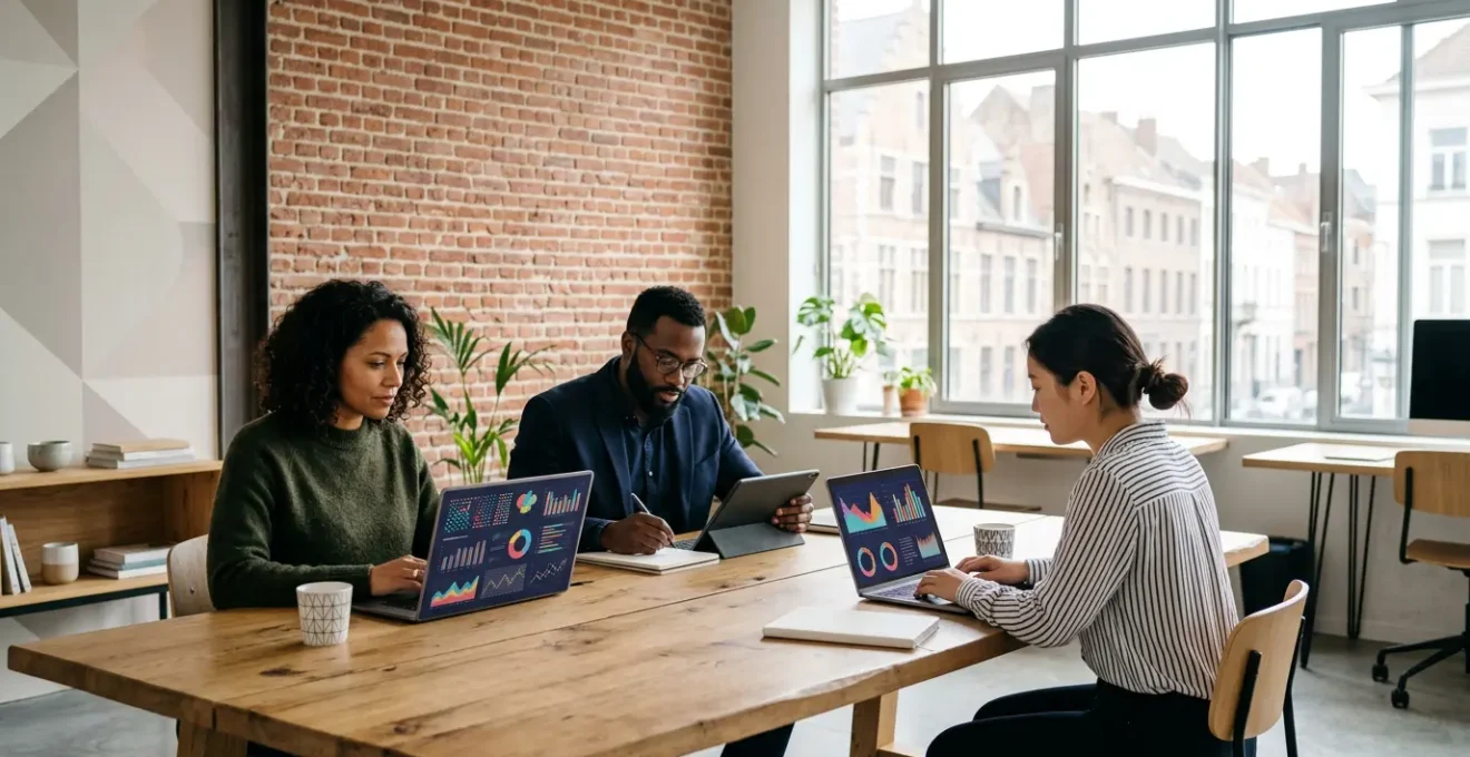 Équipe marketing analysant des données de conversion e-commerce sur plusieurs écrans dans un environnement de travail moderne