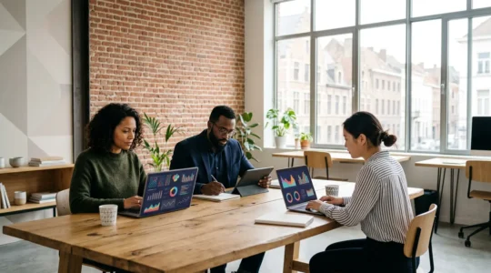 Équipe marketing analysant des données de conversion e-commerce sur plusieurs écrans dans un environnement de travail moderne