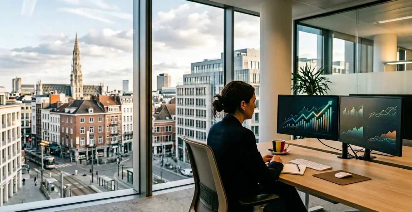 Expert analysant des graphiques de référencement avec la carte de Belgique et des symboles digitaux représentant le positionnement Google