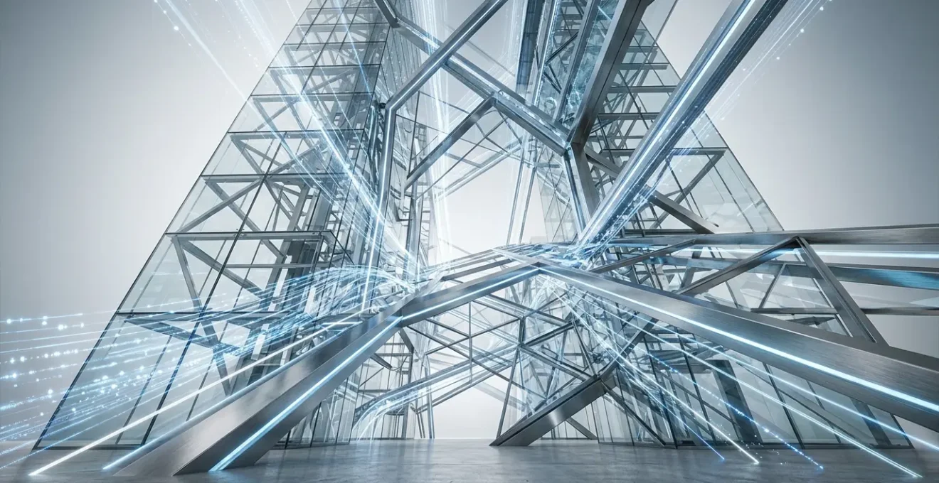 Vue architecturale d'une structure web métaphorique représentée par des fondations en verre transparent avec des connexions lumineuses