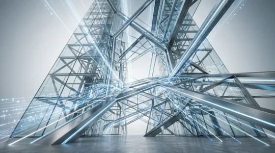 Vue architecturale d'une structure web métaphorique représentée par des fondations en verre transparent avec des connexions lumineuses