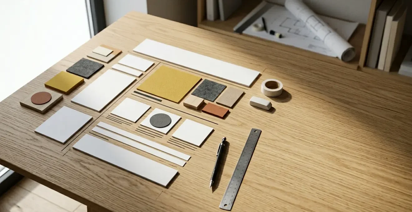 Composition éditoriale moderne illustrant l'architecture d'une page web avec des éléments visuels guidant le regard