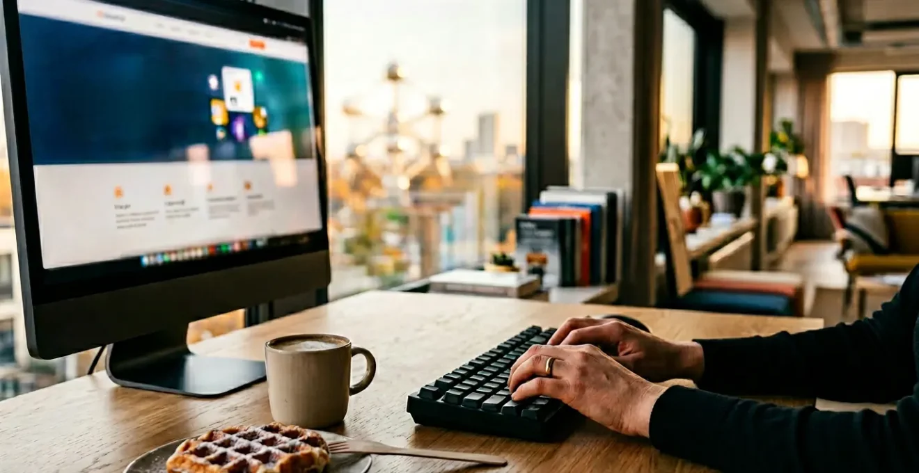 Bureau moderne belge avec écran montrant une page web élégante et des éléments de storytelling visuel