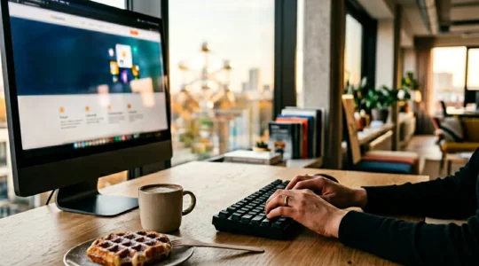 Bureau moderne belge avec écran montrant une page web élégante et des éléments de storytelling visuel