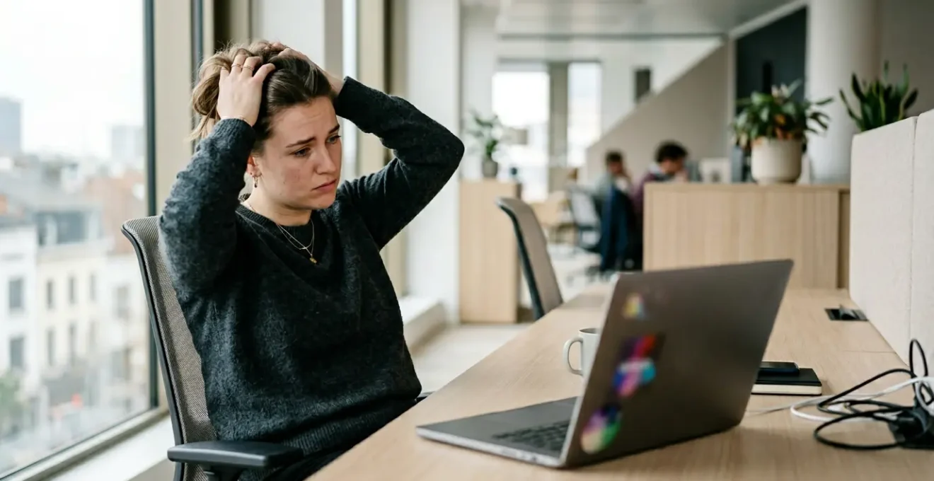 Personne frustrée devant un écran montrant une interface web complexe avec des signes d'abandon et d'hésitation