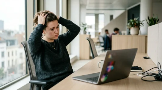 Personne frustrée devant un écran montrant une interface web complexe avec des signes d'abandon et d'hésitation