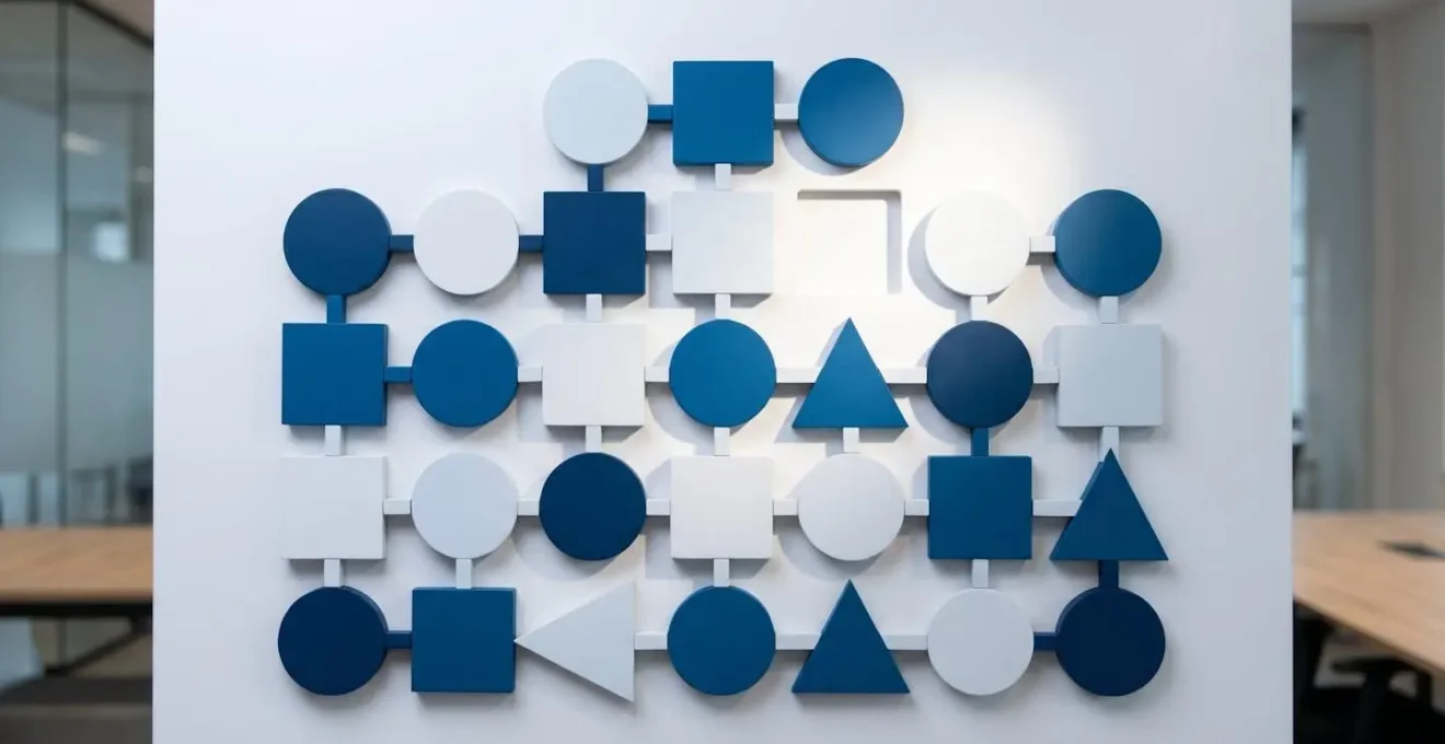 Composition symbolique représentant l'identification et la résolution de problèmes dans un processus digital