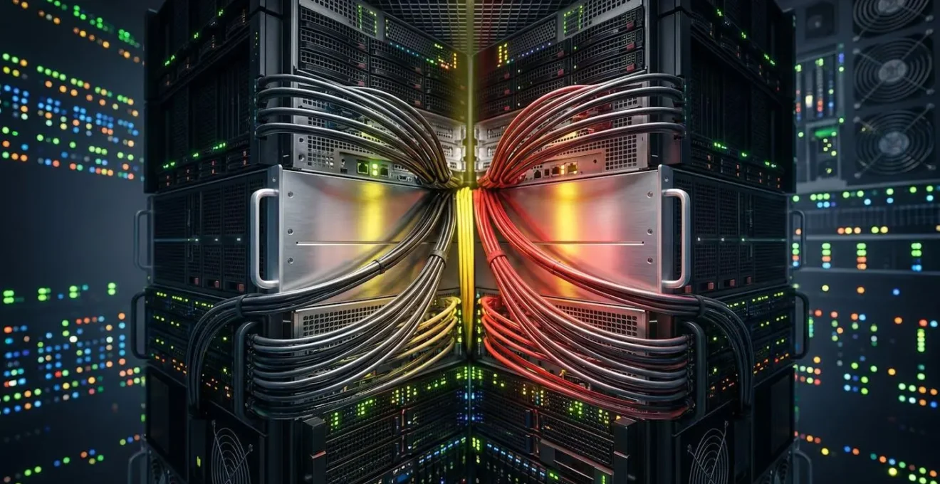 Infrastructure réseau avec serveurs et connexions représentée de manière abstraite dans un environnement technique moderne