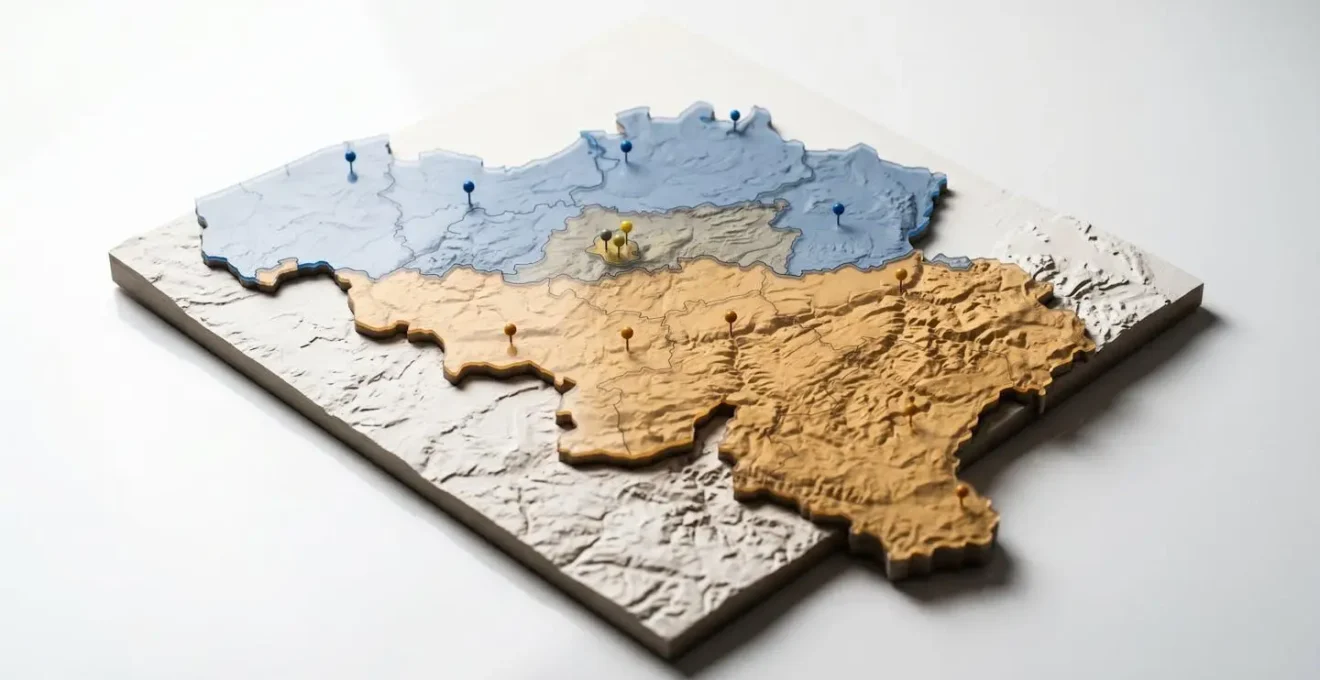 Carte de la Belgique avec visualisation des zones de ciblage publicitaire par codes postaux colorés selon les régions linguistiques