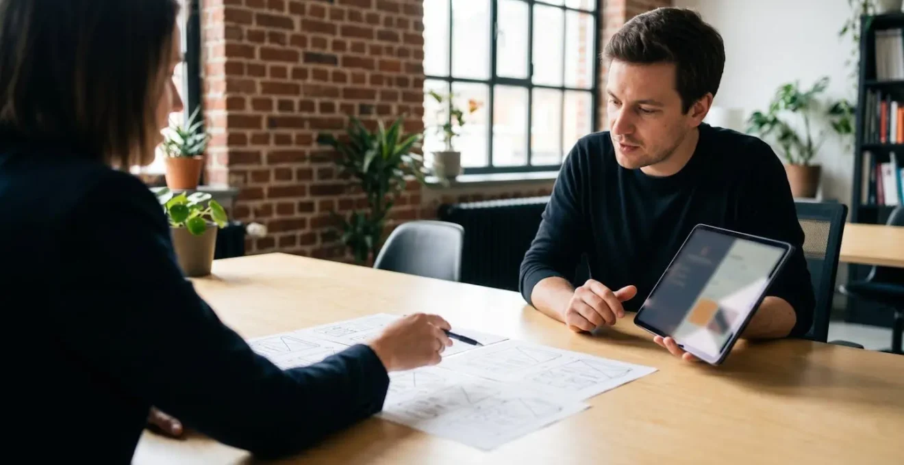 Professionnels UX et Front-End collaborant sur des prototypes d'interface en Belgique