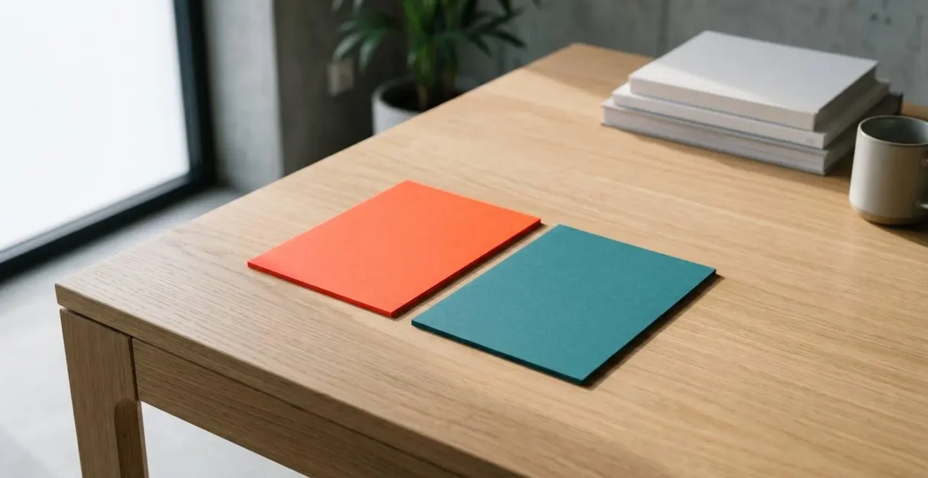 Vue minimaliste d'un bureau avec deux cartes colorées représentant différents styles de CTA, l'une criarde et l'autre sobre