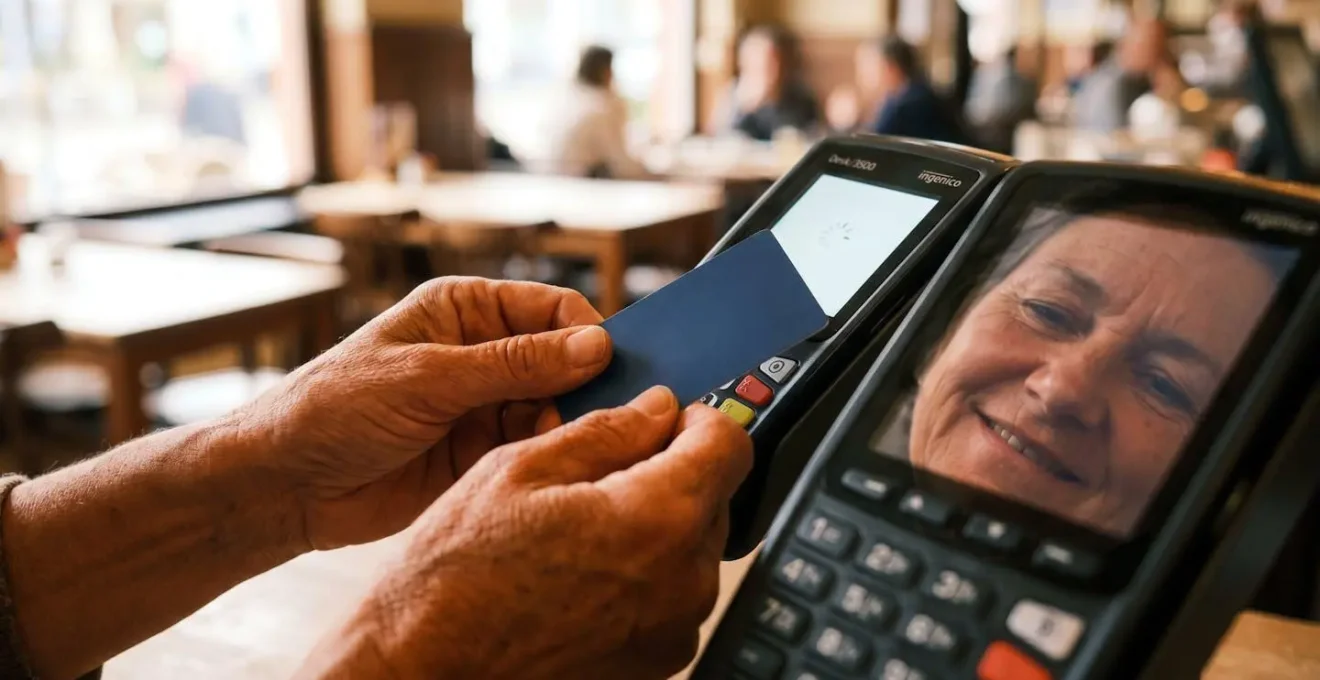 Mains d'une personne plus âgée utilisant une carte de paiement Bancontact sur un terminal moderne, symbolisant la confiance intergénérationnelle.