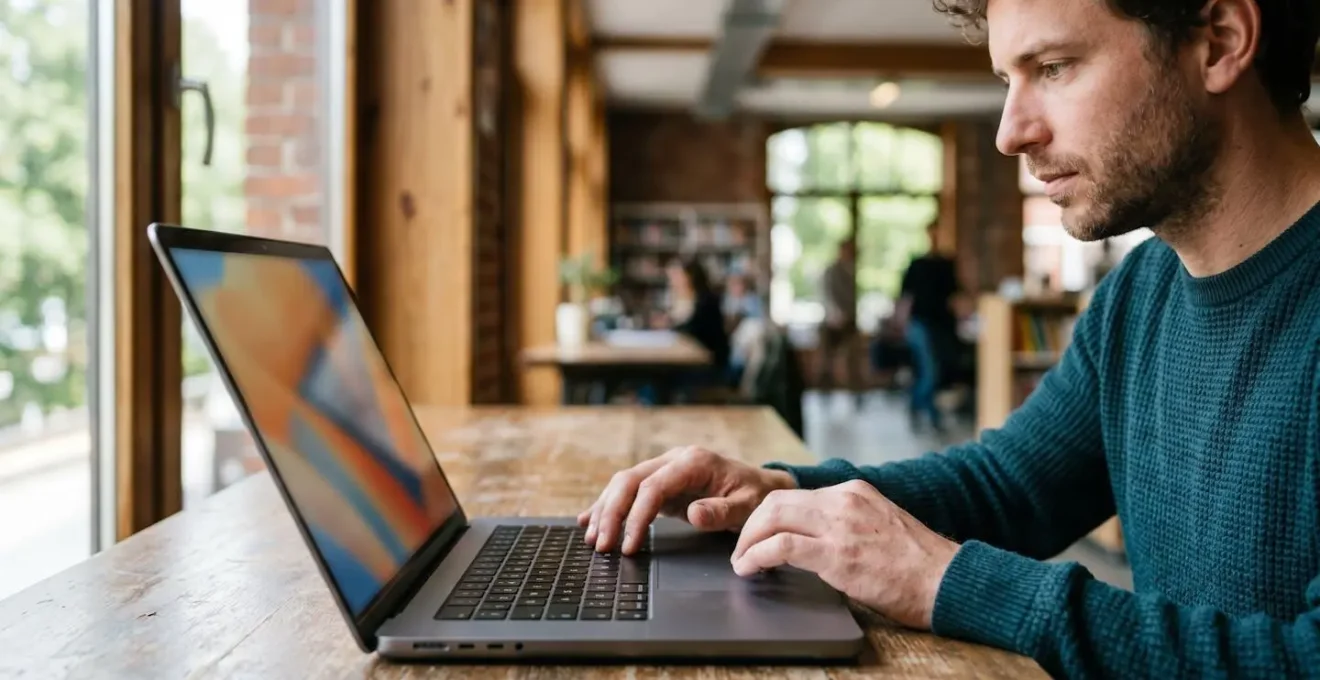 Espace de travail professionnel montrant un expert configurant des paramètres analytiques sur ordinateur portable