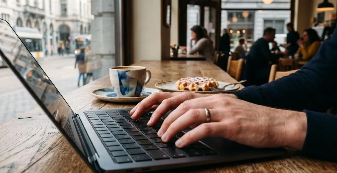 Création d'une landing page Shopify sur ordinateur portable dans un café bruxellois