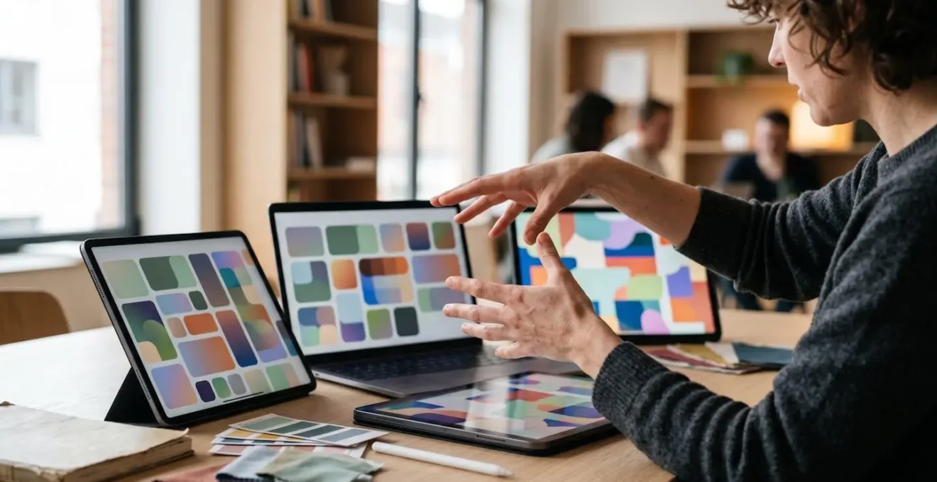 Bureau de designer montrant plusieurs écrans avec des bibliothèques de composants d'interface organisés en grilles colorées