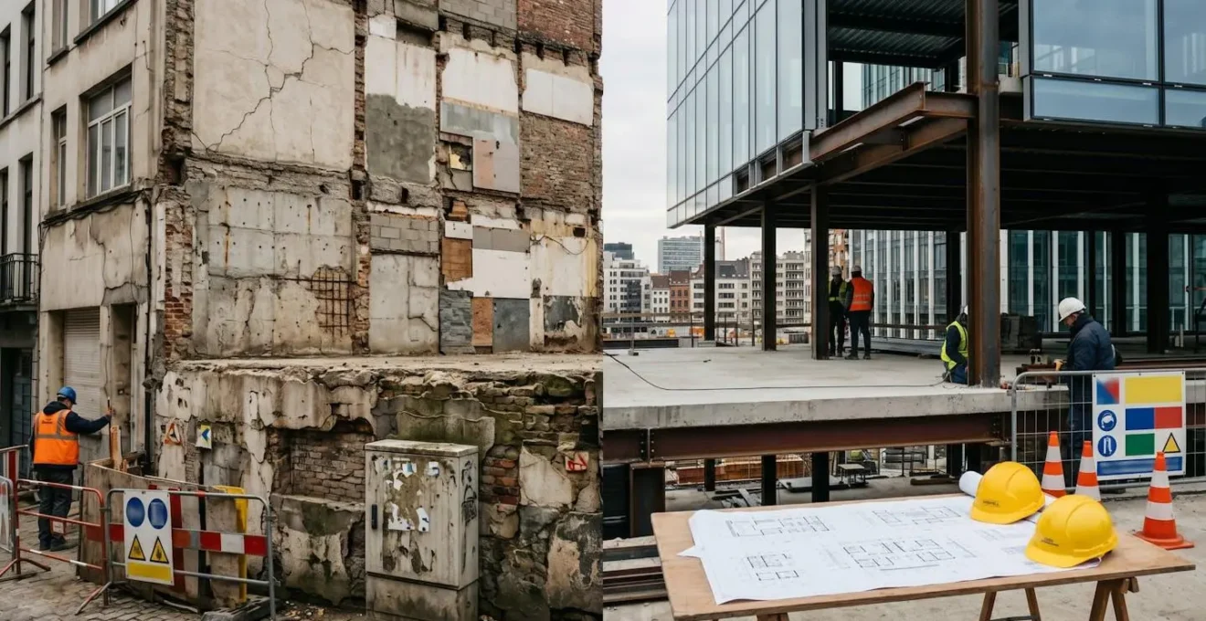 Visualisation métaphorique de la dette technique d'un vieux bâtiment versus un actif technologique moderne en construction