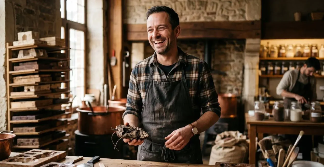 Entrepreneur belge souriant dans un atelier artisanal avec des prototypes imparfaits
