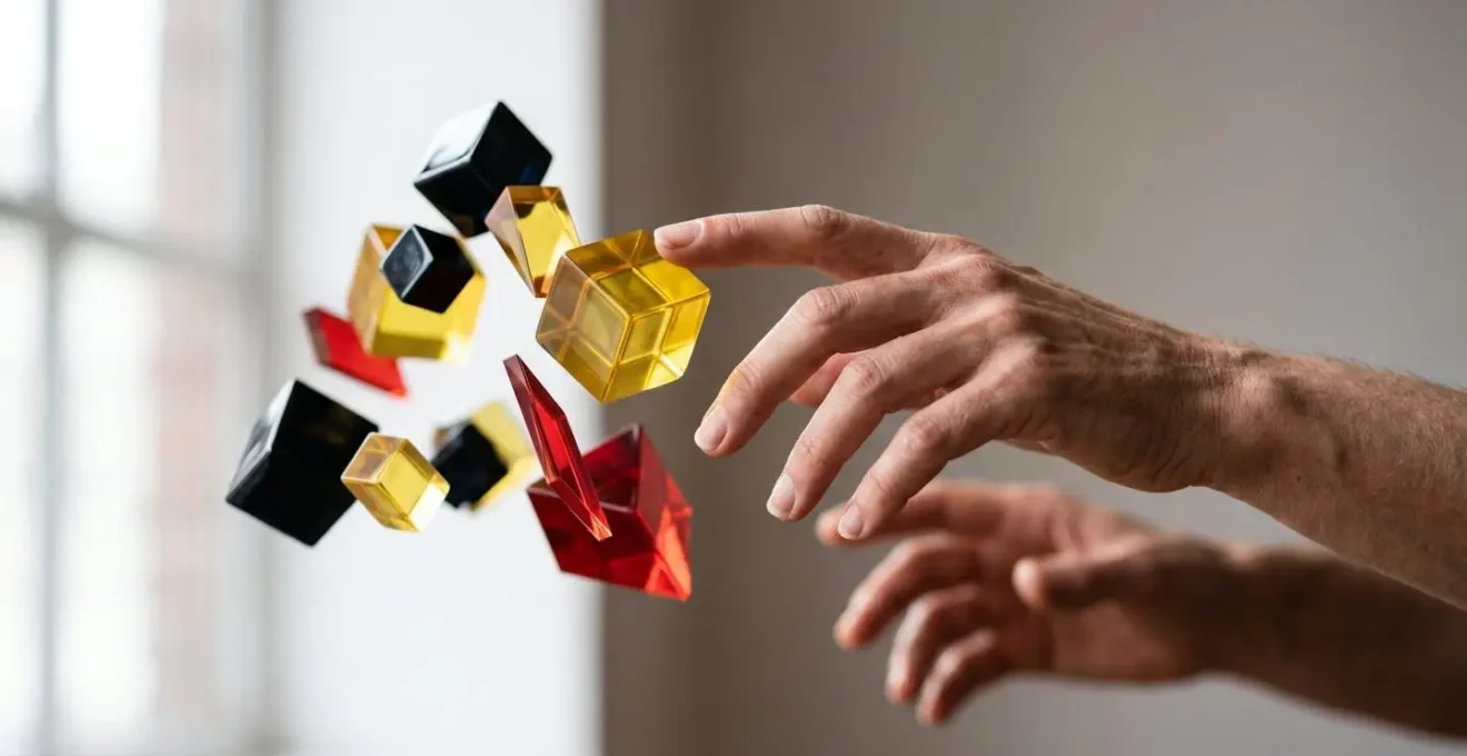 Composition abstraite de formes géométriques aux couleurs belges avec main approchant pour interaction
