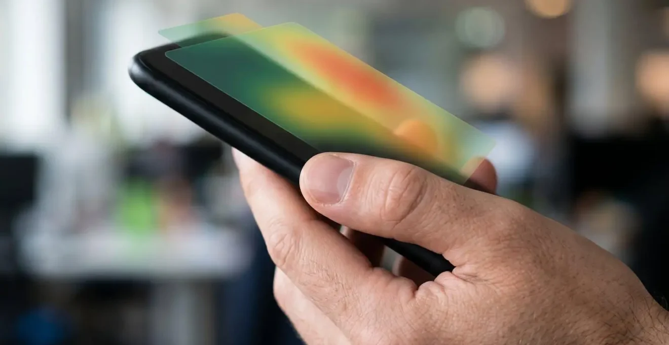 Gros plan sur une main tenant un smartphone avec des zones de chaleur abstraites montrant les zones de confort ergonomiques