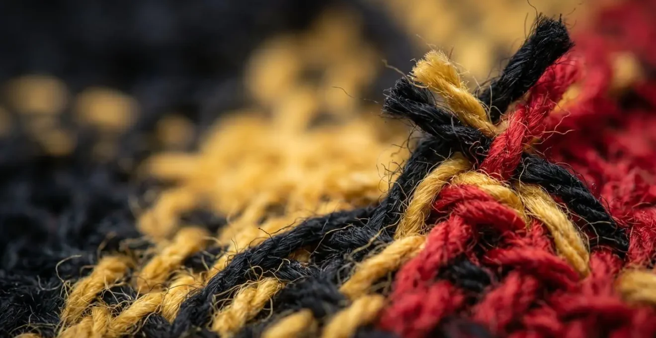 Détail macro de drapeaux tissés représentant la diversité linguistique belge