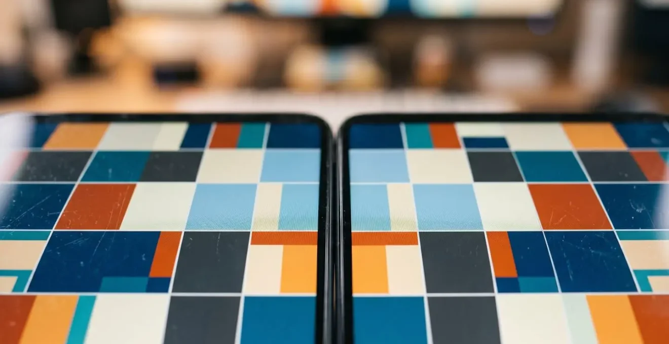Vue macro d'écrans montrant une grille Instagram harmonieuse avec des templates variés mais cohérents dans leurs couleurs et compositions