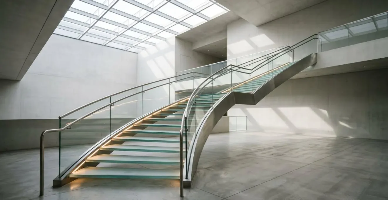 Escalier moderne en verre avec différents niveaux représentant la hiérarchie des titres HTML