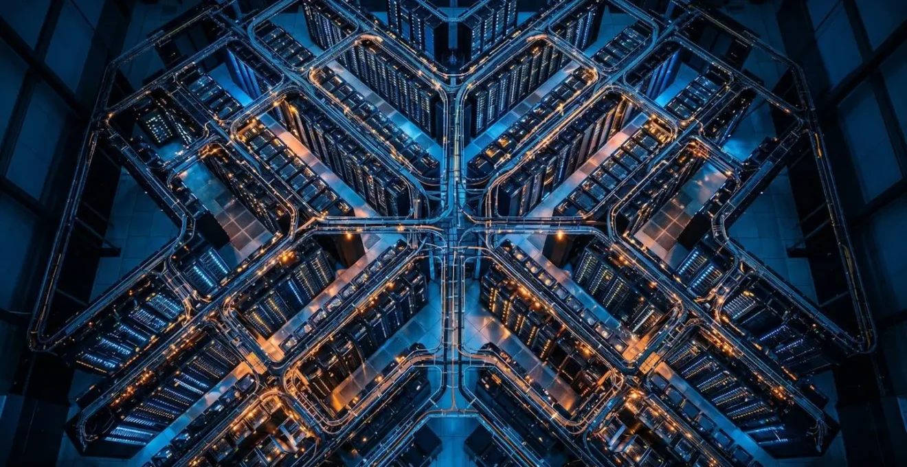Vue aérienne minimaliste d'un data center avec connexions réseau représentant un CDN vidéo