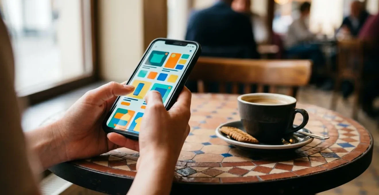 Main tenant un smartphone montrant une interface e-commerce avec option de sauvegarde visible
