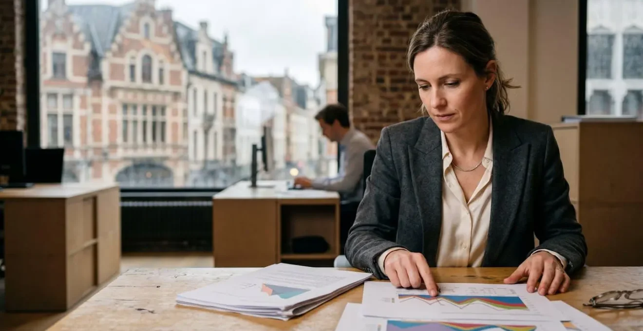 Un professionnel dans un bureau belge analysant des graphiques de performance sur des documents papier, illustrant la maintenance à long terme.