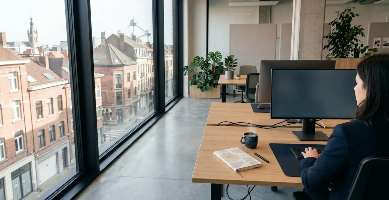 Vue d'un bureau de PME avec écran montrant un design web dans un environnement professionnel belge