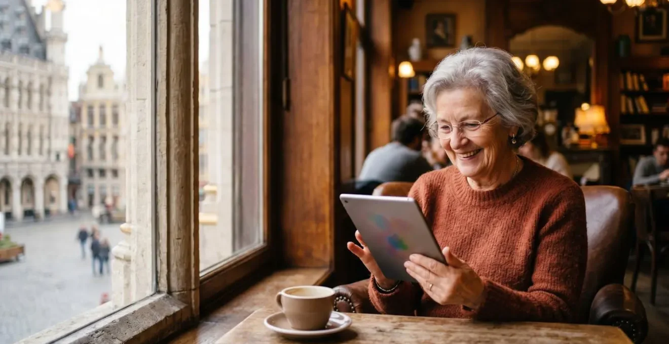 Portrait émotionnel d'une personne âgée utilisant avec succès une tablette dans un café bruxellois
