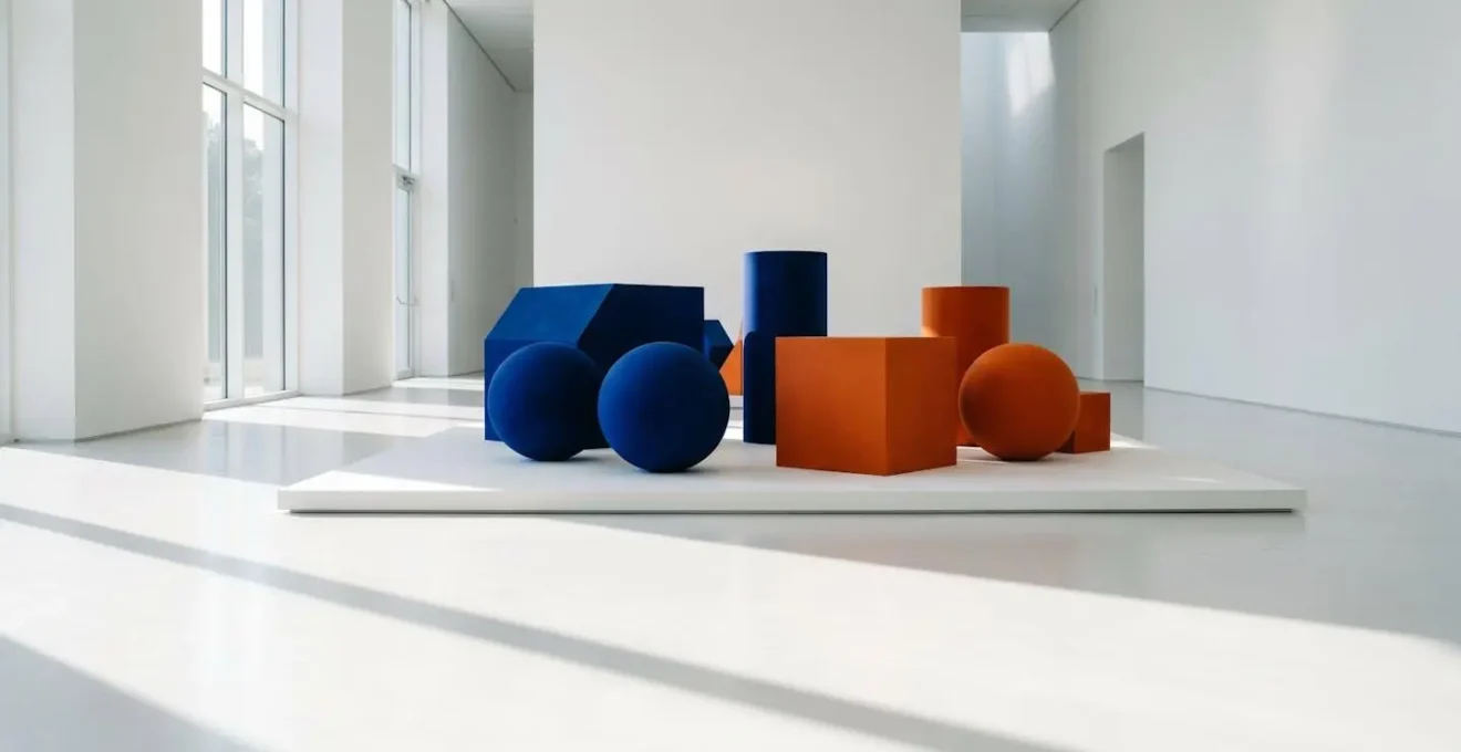 Palette de couleurs contrastées montrant des combinaisons orange et bleu avec des sphères 3D sur fond neutre
