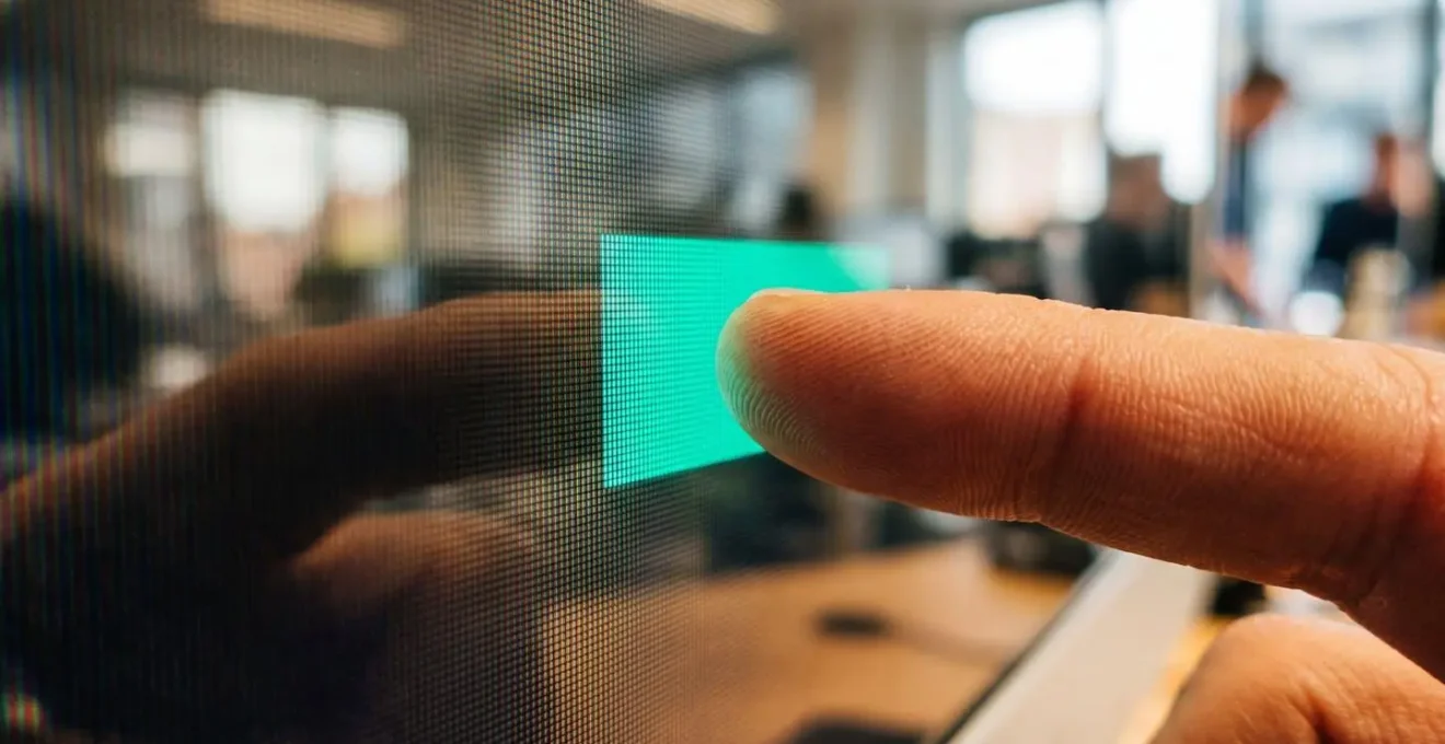 Vue macro d'un doigt approchant d'une zone colorée sur un écran d'ordinateur montrant l'emplacement optimal du CTA