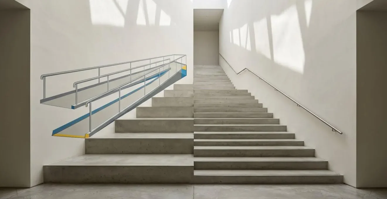 Vue minimaliste d'un escalier avec une rampe peinte en trompe-l'œil illustrant le concept de fausse accessibilité