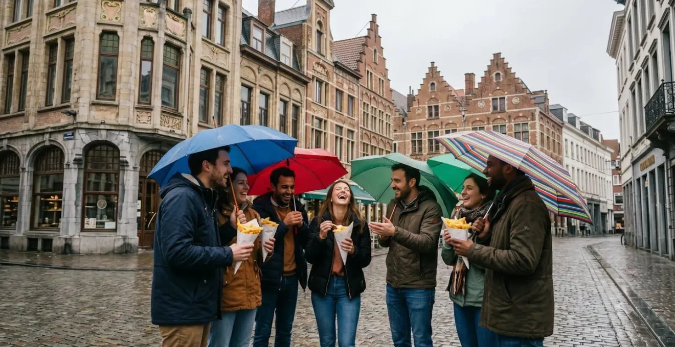 Vue grand angle d'une équipe belge partageant un moment convivial devant un monument local