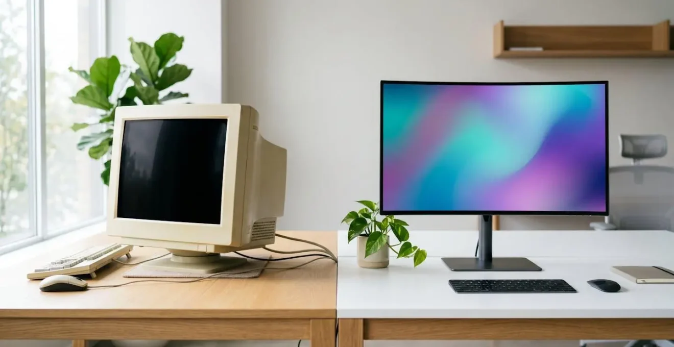 Écran d'ordinateur vintage à côté d'un setup moderne de développeur, contraste visuel entre ancien et nouveau