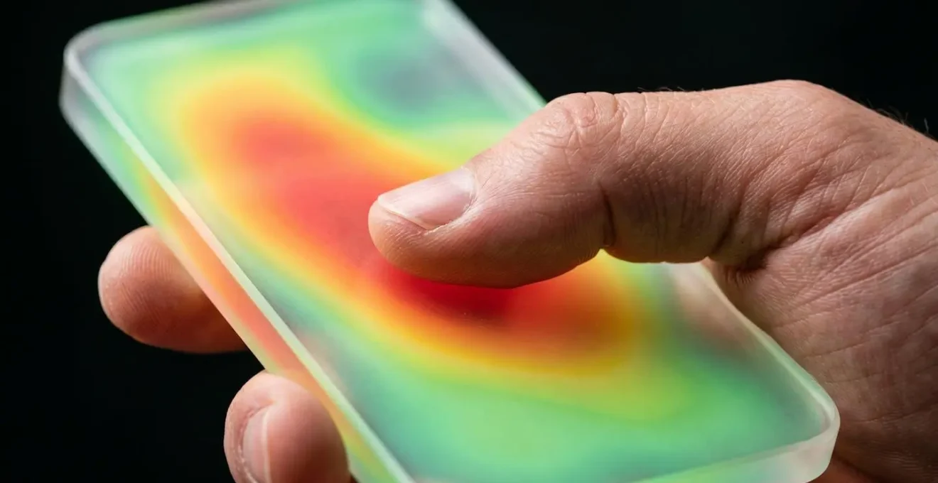 Main tenant un smartphone avec visualisation des zones d'accessibilité du pouce en dégradé de couleurs