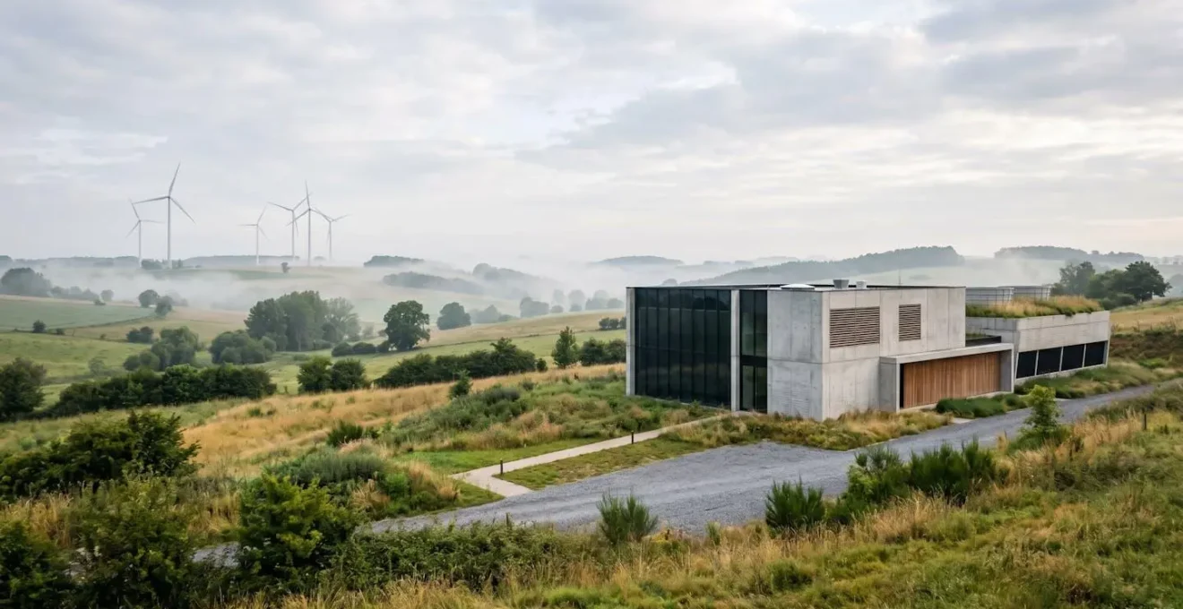 Centre de données moderne avec système de refroidissement naturel intégré dans un paysage belge